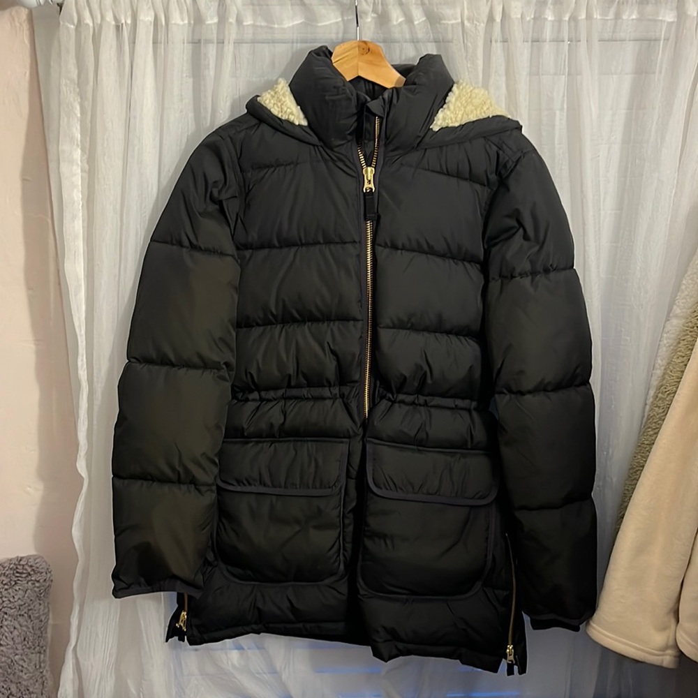 NWT J. Crew Factory Vail Hooded Puffer Coat Small Black with Gold Accents